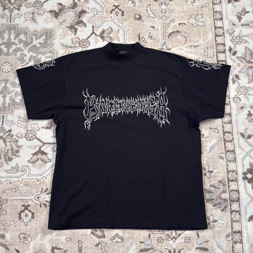 Balenciaga Tribal Logo T-Shirt Black Oversized Distressed Back Sleeve Print 1